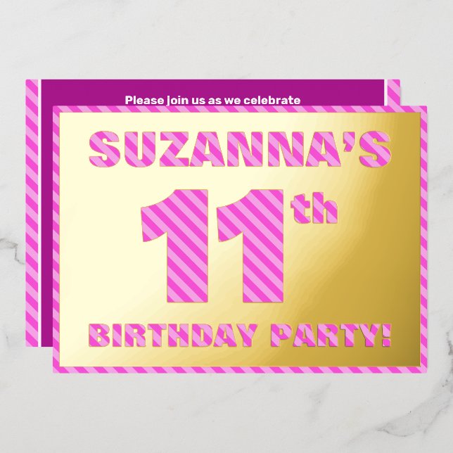 11th Birthday Party — Bold, Fun, Pink Stripes # 11 (Front/Back)