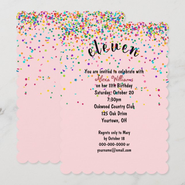 11th Birthday Party confetti Invitation (Front/Back)