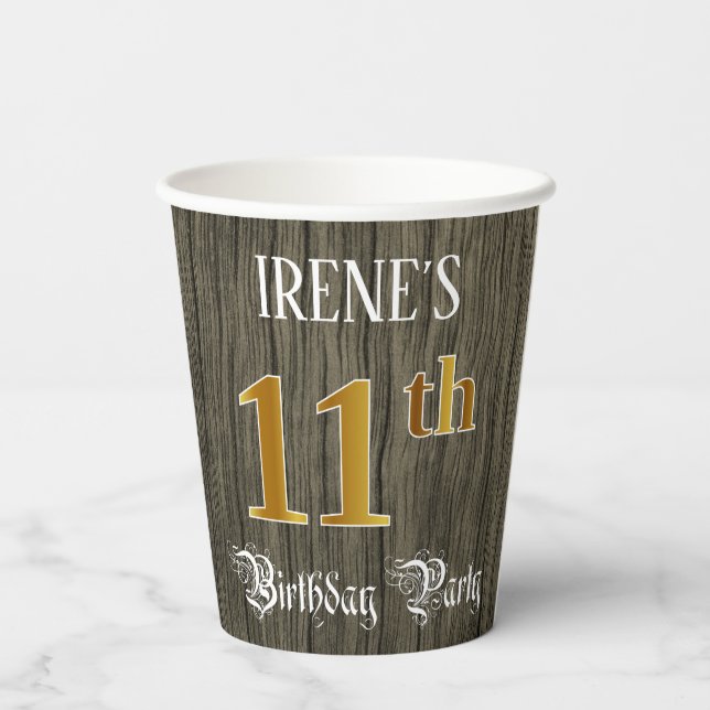 11th Birthday Party — Faux Gold & Faux Wood Looks Paper Cups (Back)