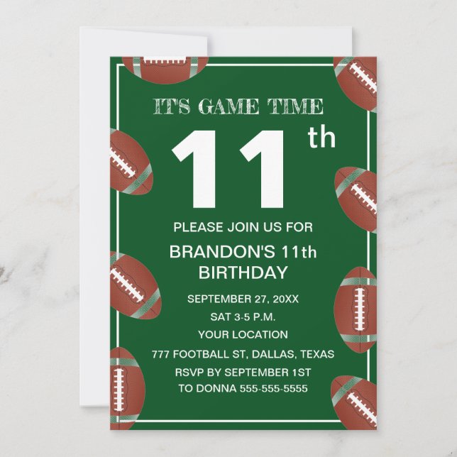 11th Birthday Party Football Green Sport Kids Boy Invitation (Front)