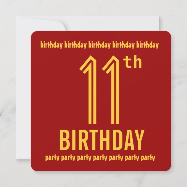 11th Birthday Party Modern Red and Gold Invitation (Front)