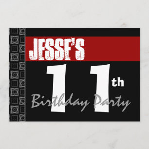 11th Birthday Party Modern Red Black and White Invitation