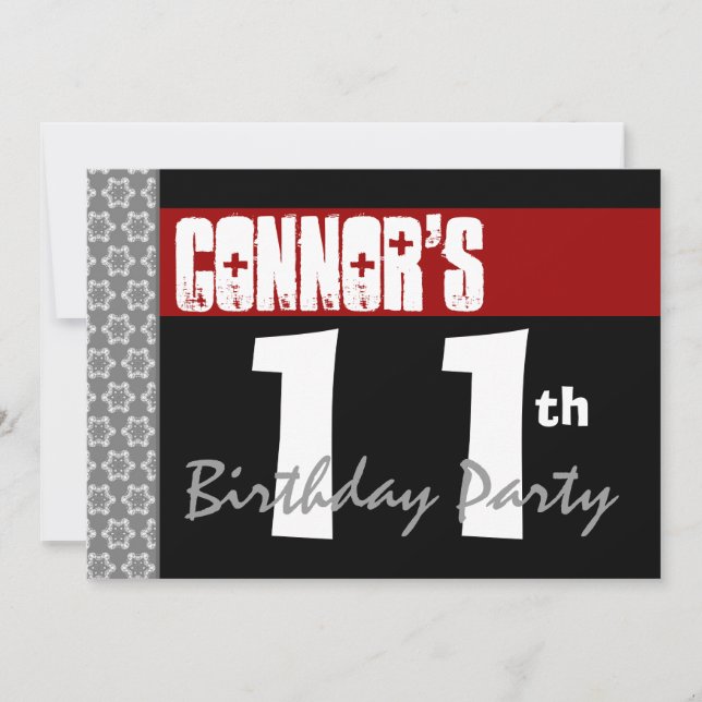 11th Birthday Party Modern Red Black and White Invitation (Front)