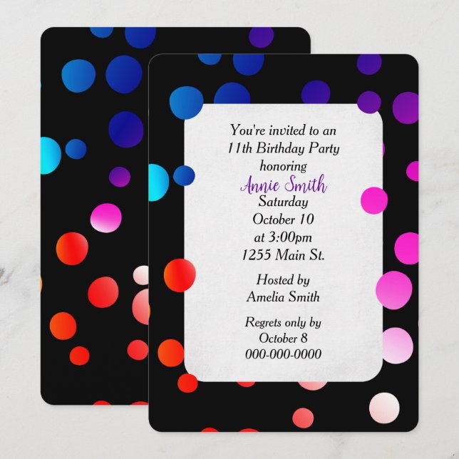 11th Birthday Party Rainbow Dots  Invitation (Front/Back)