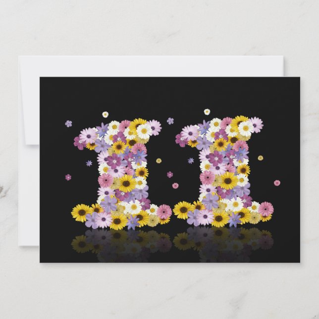 11th Birthday party, with flowered letters Invitation (Front)