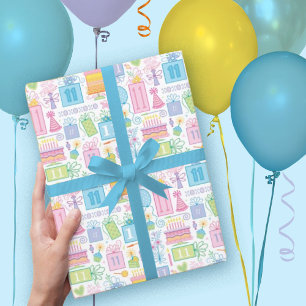 11th Birthday Pastel Pink Cake Presents Balloons  Wrapping Paper Sheet