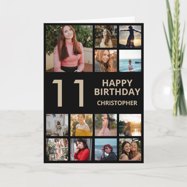 11th Birthday Photo Collage 13 Photos Black & Gold Card (Front)