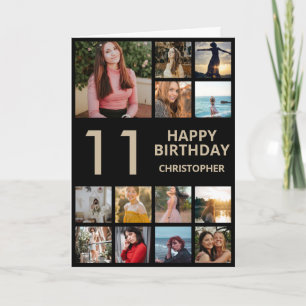 11th Birthday Photo Collage 13 Photos Black & Gold Card