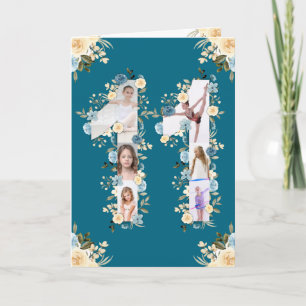 11th Birthday Photo Collage Yellow Flower Teal Card