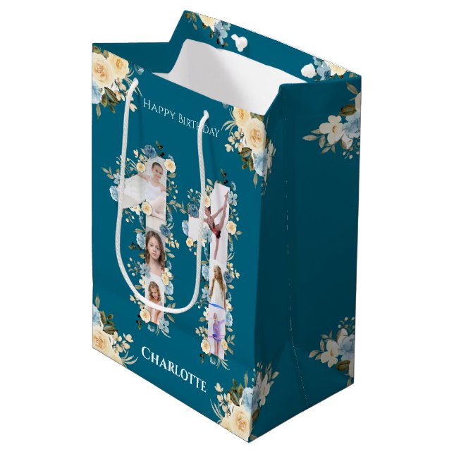 11th Birthday Photo Teal Collage Yellow Flower Medium Gift Bag (Front Angled)