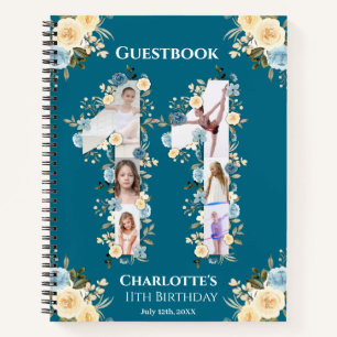 11th Birthday Photo Teal Yellow Flower Guest Book