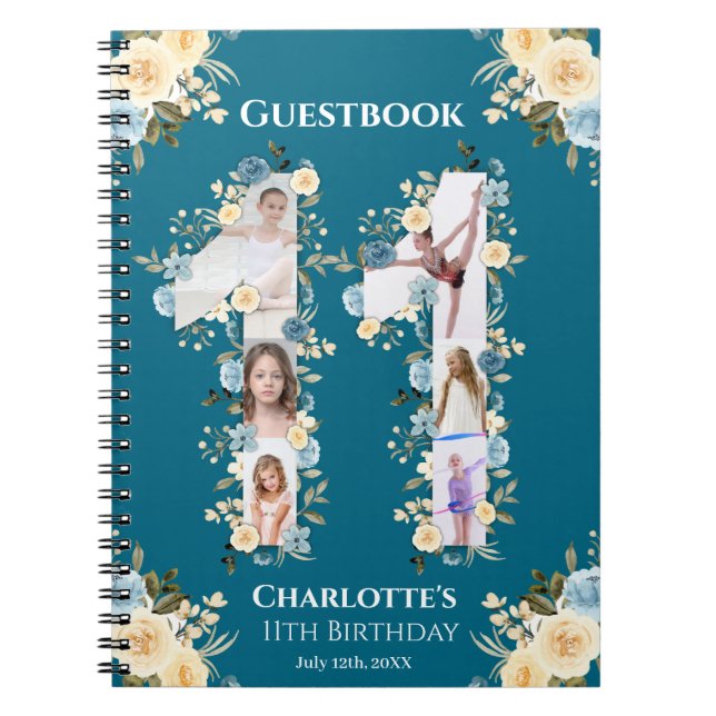 11th Birthday Photo Teal Yellow Flower Guest Book (Front)