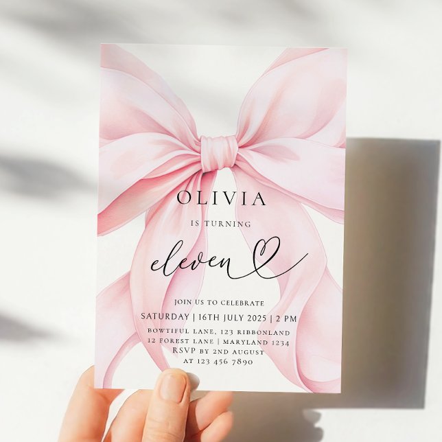 11th Birthday Pink Bow Party Invitation (Creator Uploaded)