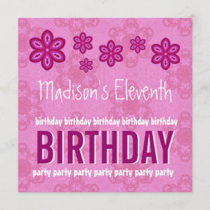 11th Birthday Pink Flowers Girl Custom Name Invitation