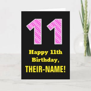 11th Birthday: Pink Stripes and Hearts "11" + Name Card