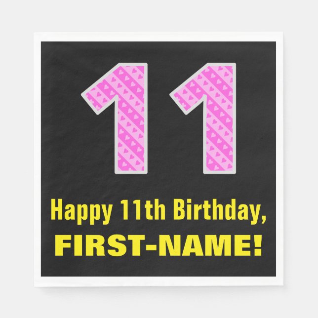11th Birthday: Pink Stripes and Hearts "11" + Name Napkin (Front)