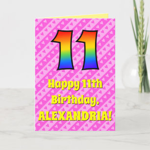 11th Birthday: Pink Stripes & Hearts, Rainbow # 11 Card
