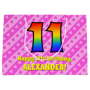 11th Birthday: Pink Stripes & Hearts, Rainbow # 11 Large Gift Bag