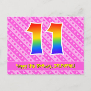 11th Birthday: Pink Stripes & Hearts, Rainbow 11 Postcard