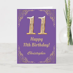 11th Birthday Purple and Gold Glitter Frame Card