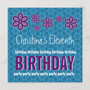 11th Birthday Purple Flowers Custom Name Invitation