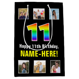 11th Birthday: Rainbow “11“, Custom Photos & Name Medium Gift Bag