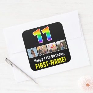 11th Birthday: Rainbow “11”; Custom Photos & Name Square Sticker
