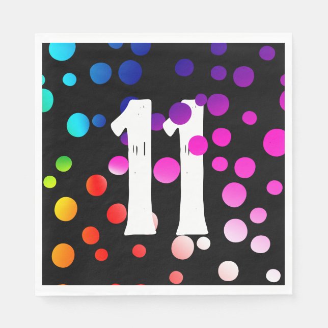 11th Birthday Rainbow Dots on Black  Napkin (Front)