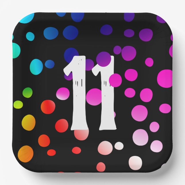 11th Birthday Rainbow Dots on Black Paper Plate (Front)