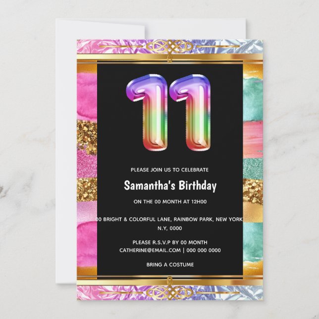 11th birthday rainbow glitter colourful party invitation (Front)