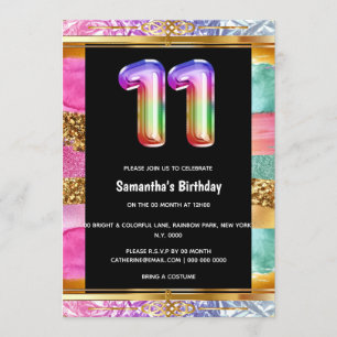 11th birthday rainbow glitter colourful party invitation