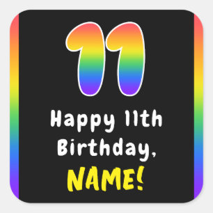 11th Birthday: Rainbow Spectrum # 11, Custom Name Square Sticker