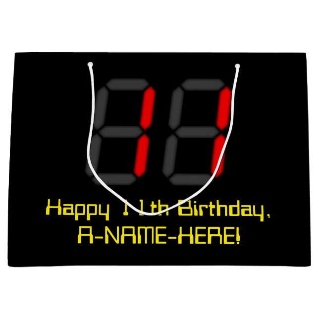 11th Birthday: Red Digital Clock Style "11" + Name Large Gift Bag (Front)