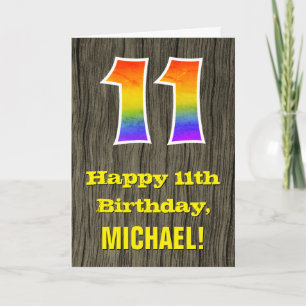 11th Birthday: Rustic Faux Wood Look, Rainbow "11" Card