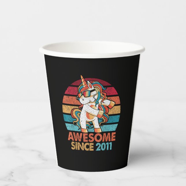 11th Birthday T-Shirt Awesome Since 2011 Unicorn F Paper Cups (Front)
