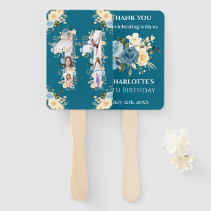 11th Birthday Teal Flower Photo Collage Yellow Hand Fan