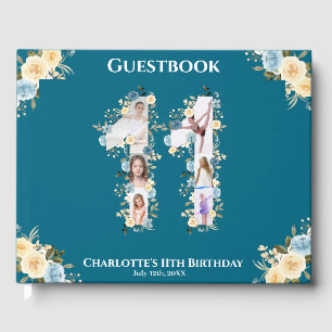 11th Birthday Teal Photo Collage Yellow Flower Guest Book