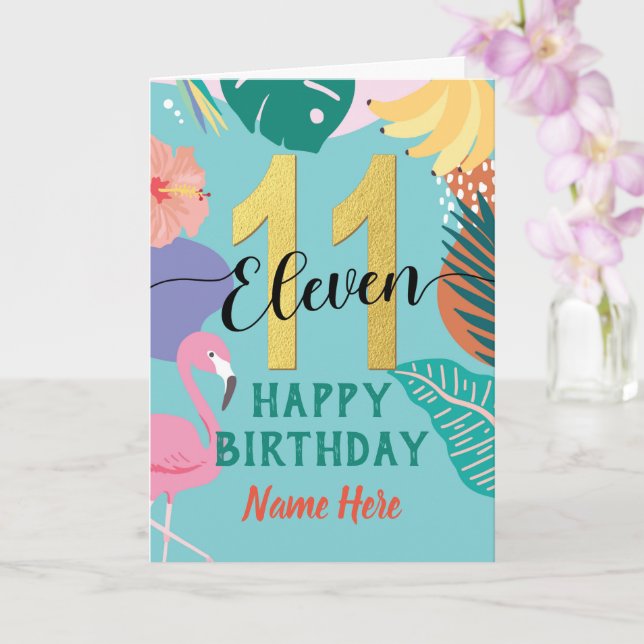 11th Birthday Tropical Pastel Floral Flamingo Name Card (Orchid)