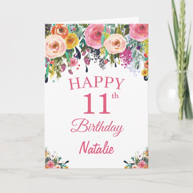11th Birthday Watercolor Floral Flowers Pink Card (Front)