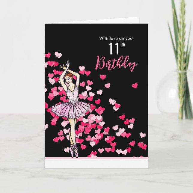 11th Birthday Wishes Ballerina Pink Dress  Card (Front)