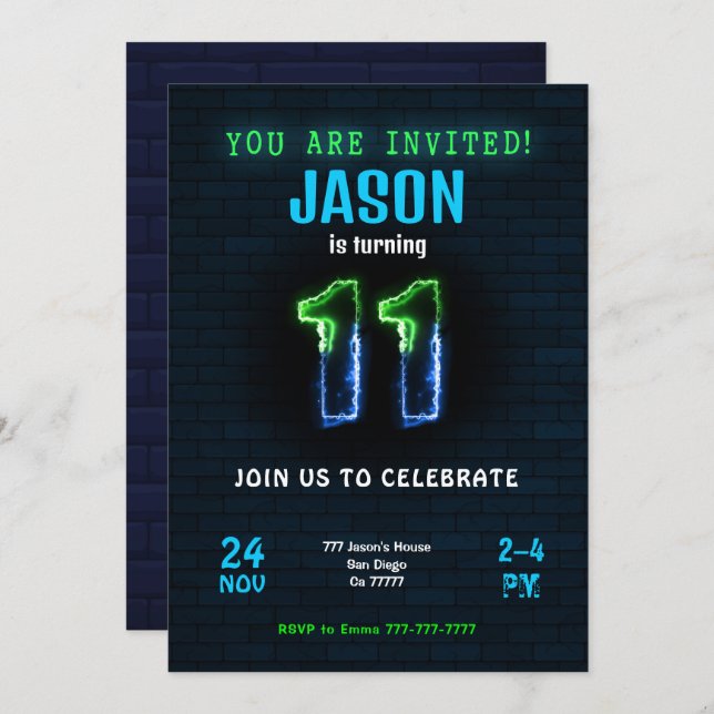 11th Boy Birthday Invitation (Front/Back)