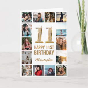 11th Happy Birthday Gold and White Photo Collage Card