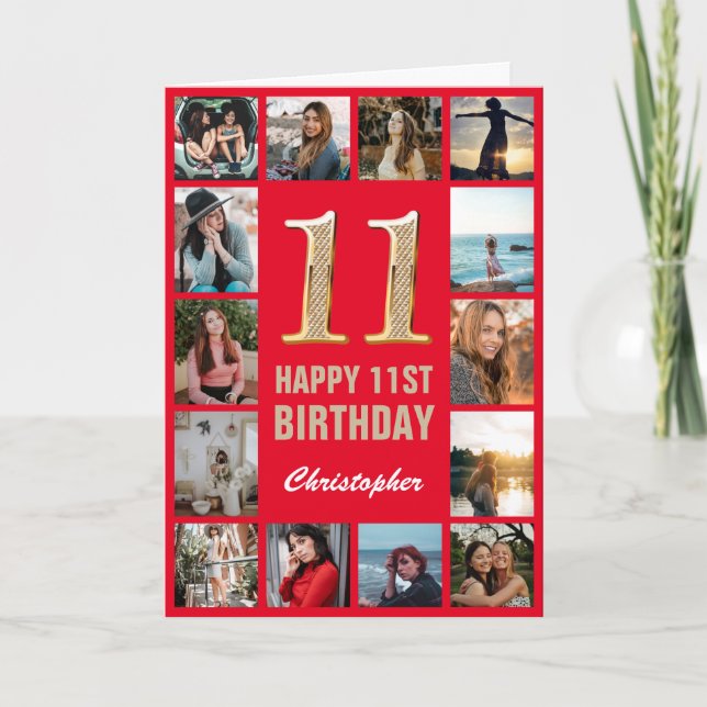 11th Happy Birthday Red and Gold Photo Collage Card (Front)