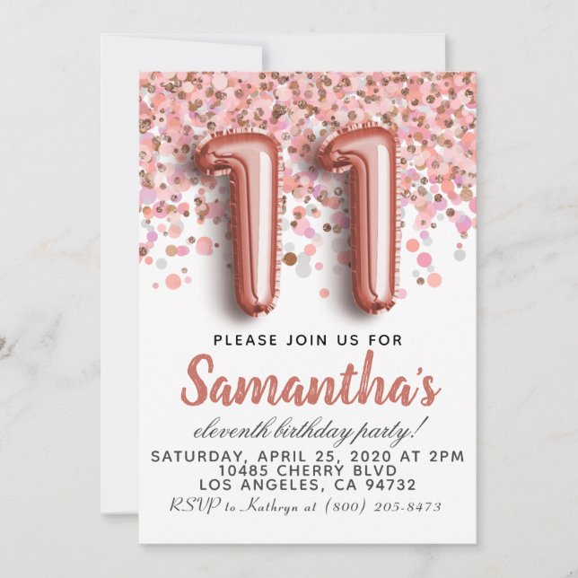 11th Rose Gold Birthday Invitation (Front)