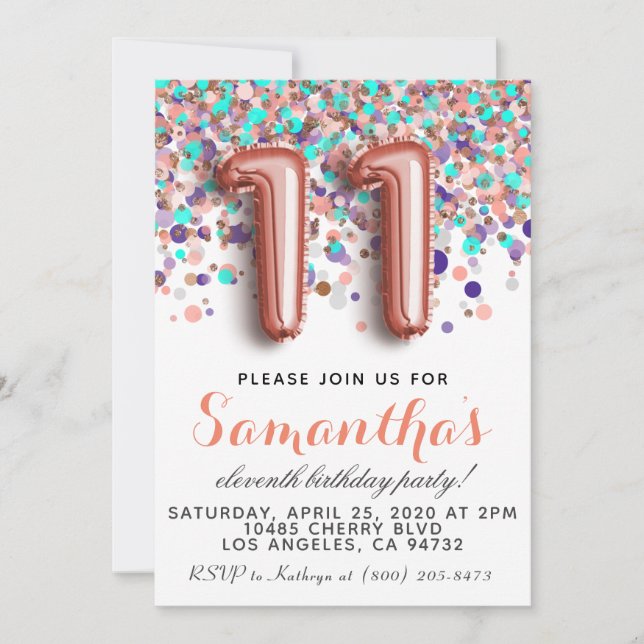 11th Rose Gold Birthday Invitation (Front)