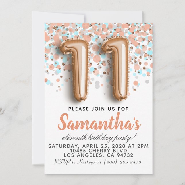 11th Rose Gold Birthday Invitation (Front)
