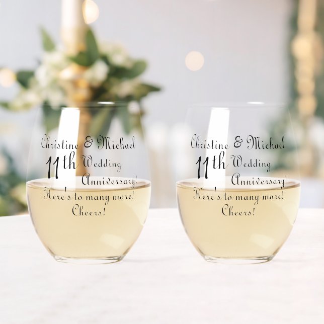 11th Steel Wedding Anniversary Signature  Stemless Wine Glass (Insitu (Wedding))