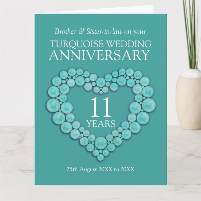 11th turquoise wedding anniversary heart card (Front)