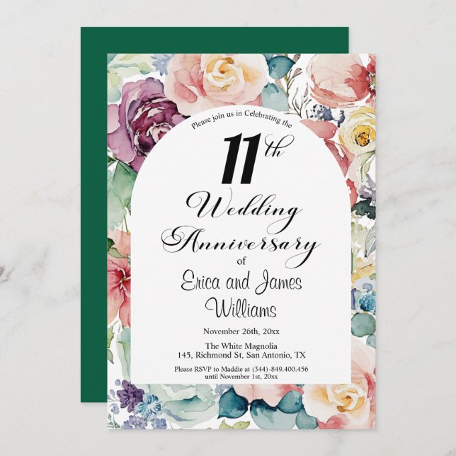 11th Wedding Anniversary Elegant Script Floral Invitation (Front/Back)