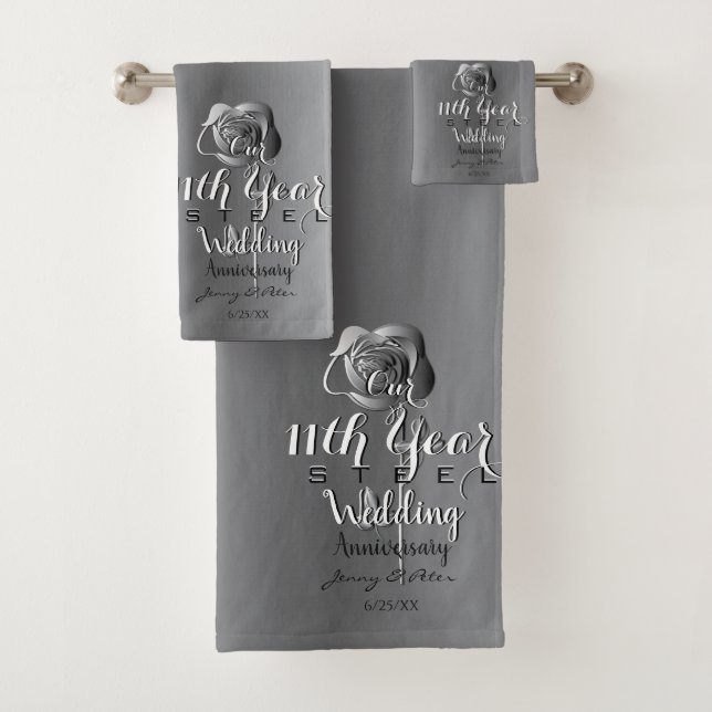 11th Wedding Anniversary Steel Rose Bath Towel Set (Insitu)
